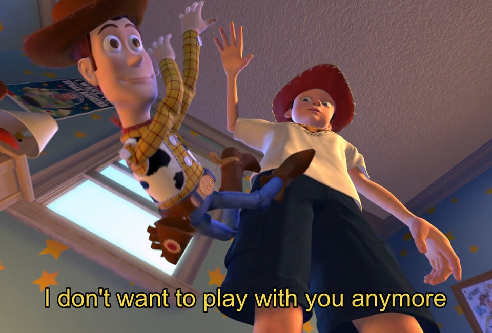 Toy Story meme: Andy dropping Woody, captioned 'I don't want to play with you anymore'